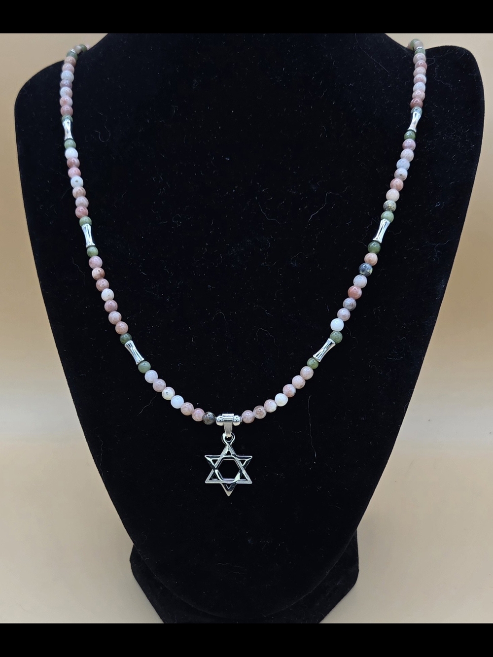 Pink Jasper, Green Jade, and Stainless Steel Necklace with Star Of David Pendant